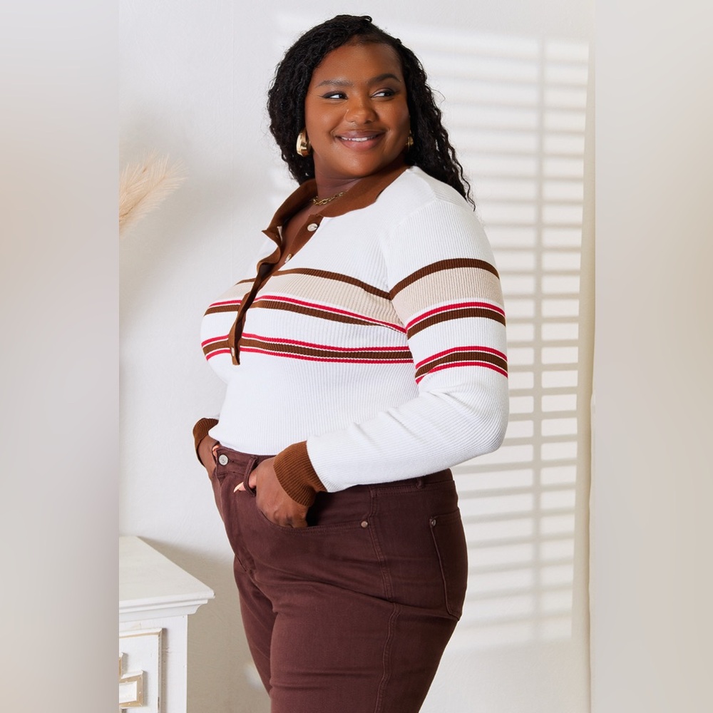 Basic Bae Striped Collared Neck Rib-Knit Top - Picture 6 of 8